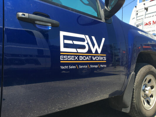 An EBW Boat Works Logo Printing on a Car