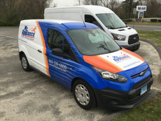 Two Cars With Mr Appliance Logo in Blue and Orange